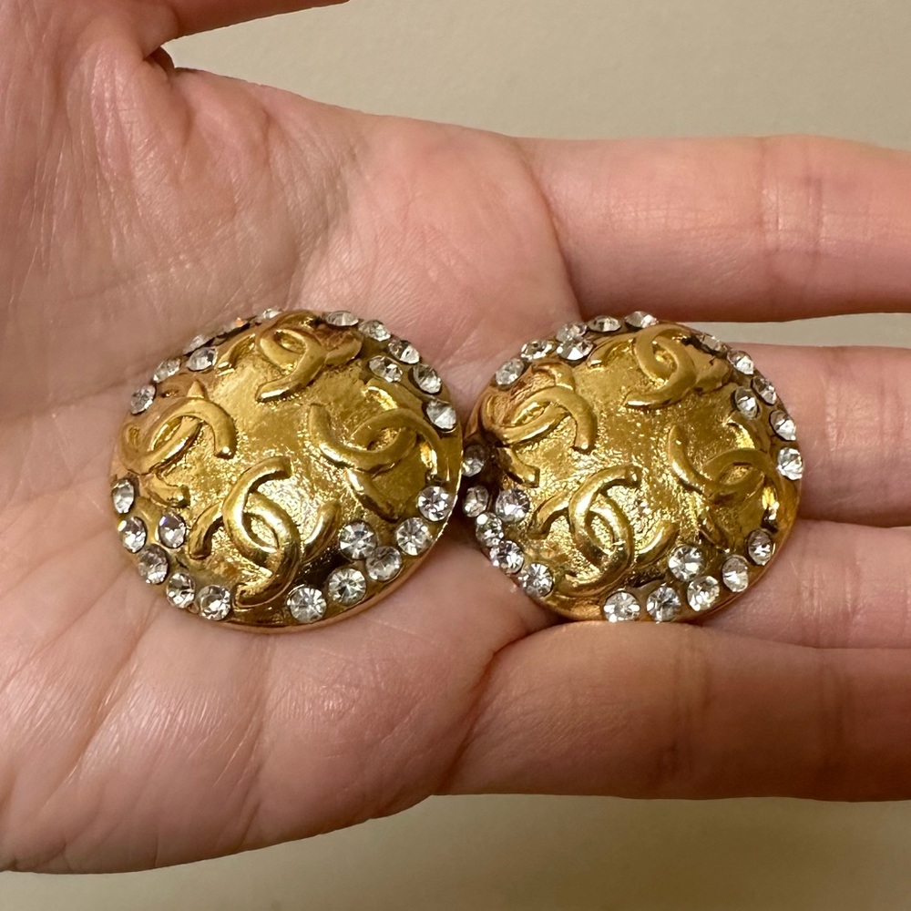 CHANEL clip on earrings w/ CC & stones